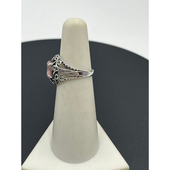 Sterling Silver Vintage Filigree Simulated Pink Sapphire Solitaire Ring 5.25 - Picture 10 of 14